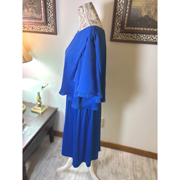 Vintage Royal Blue Dress Pleated Cape Overlay Tie Waist Occasion Party 18/20 - Picture 2 of 10
